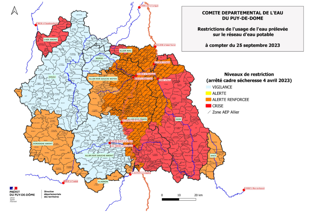Dernière carte des niveaux de restriction publiée par la préfecture du Puy-de-Dôme