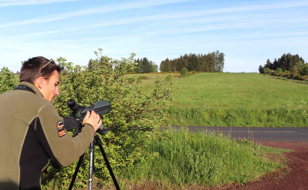 Julien Curassier, chargé de missions LPO, installe la longue vue