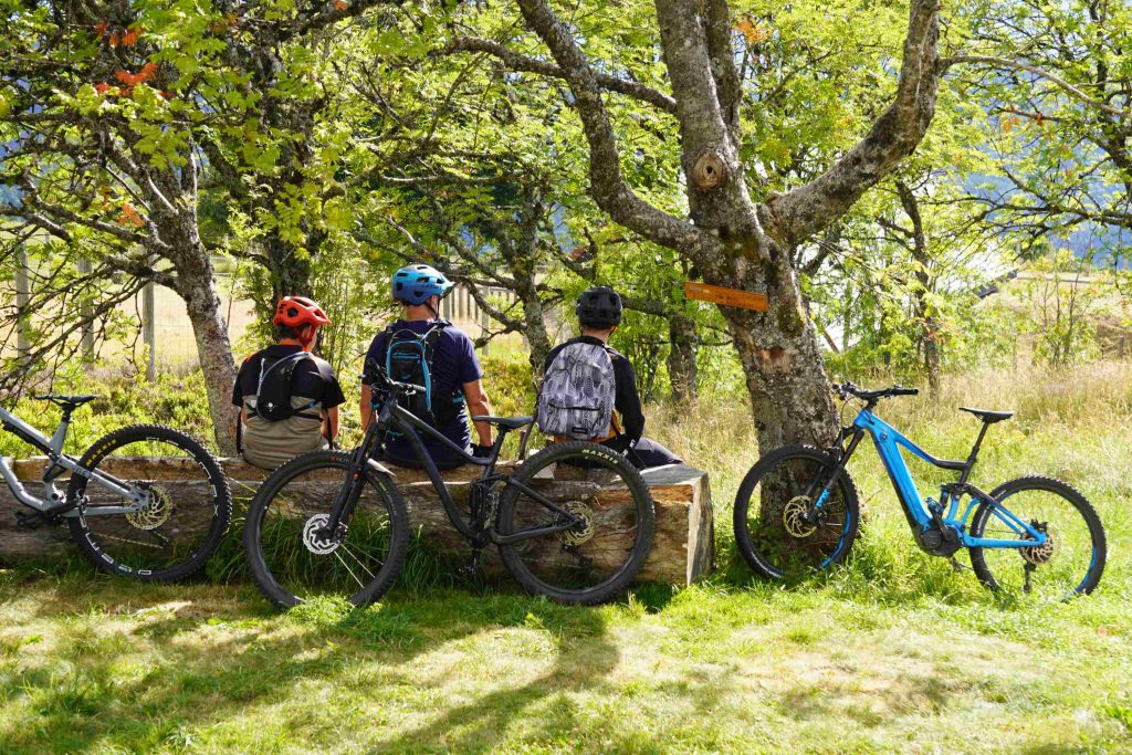 Touristes à vélo arrêtés dans un bois